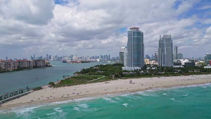 Miami city aerial view. Miami Beach waterfront. Panoramic Miami coastline. Miami city.