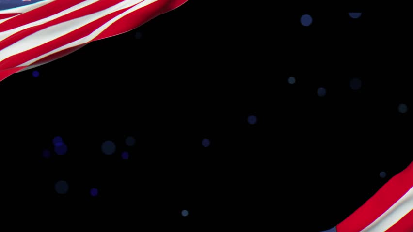 A waving American flag frame with vibrant fireworks exploding in night sky.