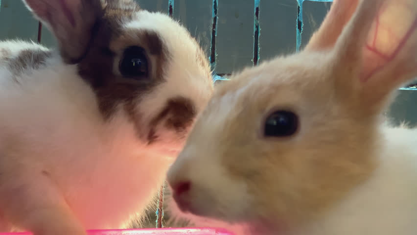 Two long-eared rabbits are cutely chewing their food. Cinematic rack focus from one cute rabbit