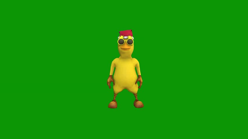 A yellow bird wearing sunglasses and red hat with cartoon character in chicken santa green screen frame