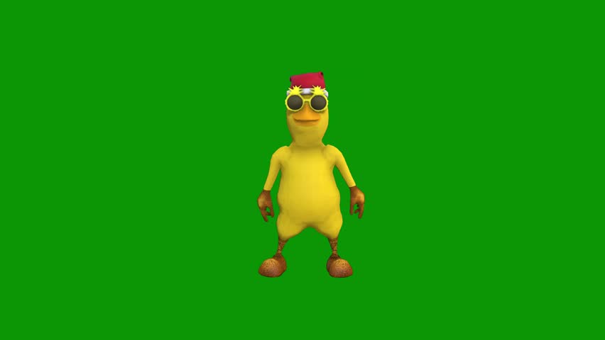 A yellow bird wearing sunglasses and red hat chicken holding baseball bat duck green screen frame