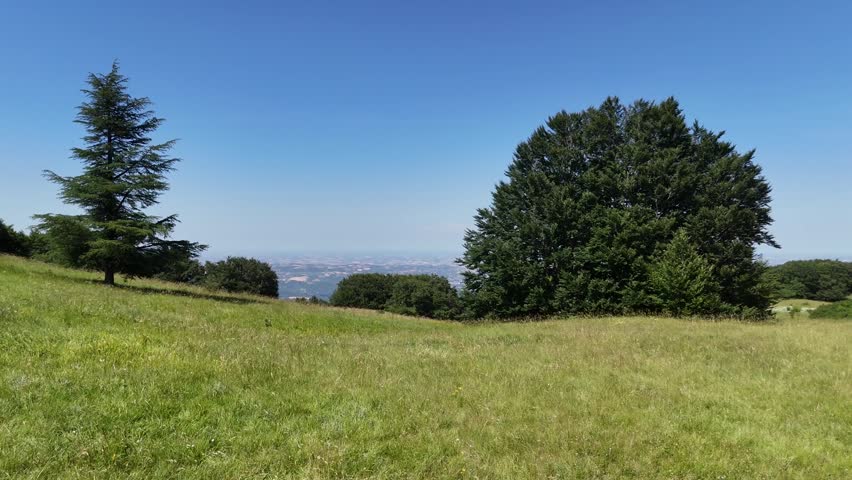 Panoramic view from a green hill over a vast flat valley, with wooded hills in the foreground and clear blue sky on the horizon: a suggestive glimpse of Italian mountain landscape
