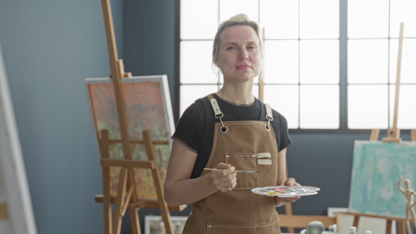 Woman holding paintbrush and palette, smiling and making a brushstroke while standing by easels and canvases in an art studio; creativity serenity.