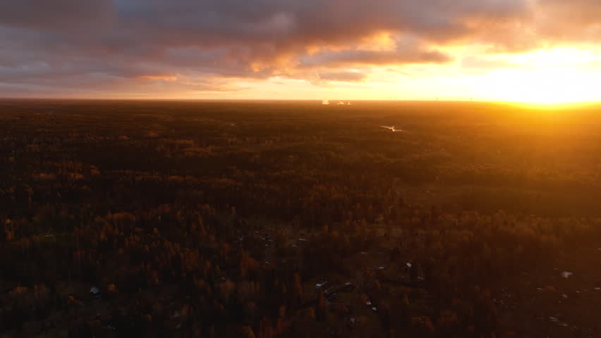 Panoramic aerial view of a sprawling forest during a vibrant and colorful sunset in autumn