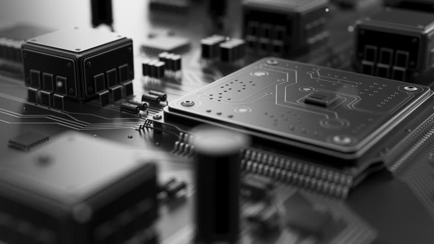 High quality 3D animation of a modern processor chip surrounded by electronic circuitry and motherboard components. Futuristic computing and digital technology concept.