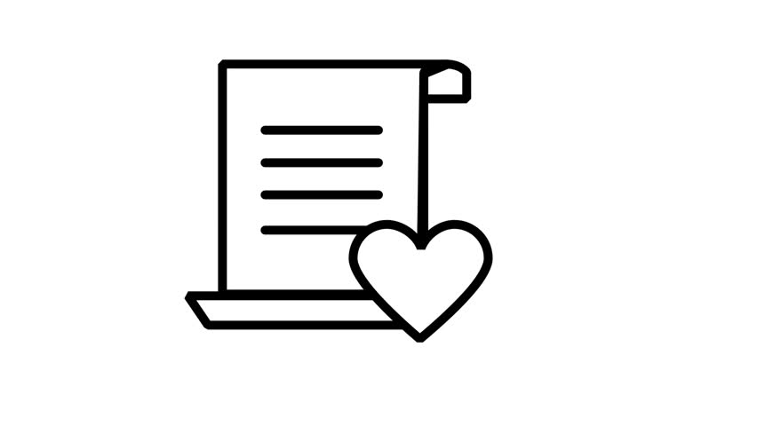 Document Heart and Wishlist Wish File Animated Icon. Clean animation icon of paper document folder combined with heart shape, representing legal contract love, text favorite, wishlist sheet.