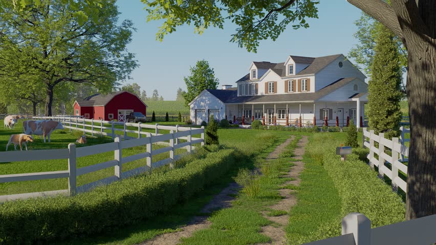 Scenic view of a dirt path leading towards a luxury American style country house with a classic red barn and a herd of cows grazing inside a fenced green field.