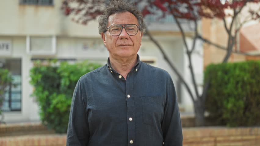 Middle aged man with glasses in navy shirt, palms up gesture showing open hands in front of building with shrubs and brick planter; welcoming openness.