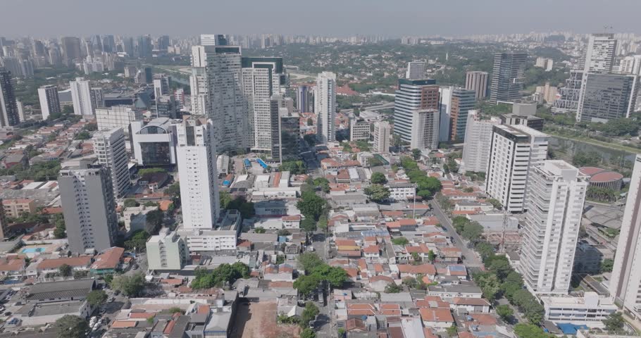Panoramic view of Pinheiros neighborhood on sunny day, Sao Paulo, Brazil. Aerial