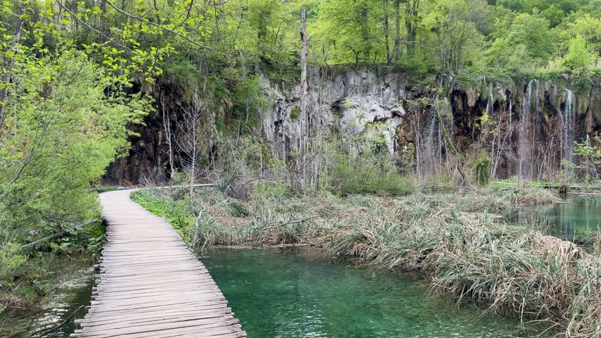 Waterfalls and Wooden Boardwalk in the Upper Lakes (Gornja jezera) of Plitvice Lakes National Park, Croatia