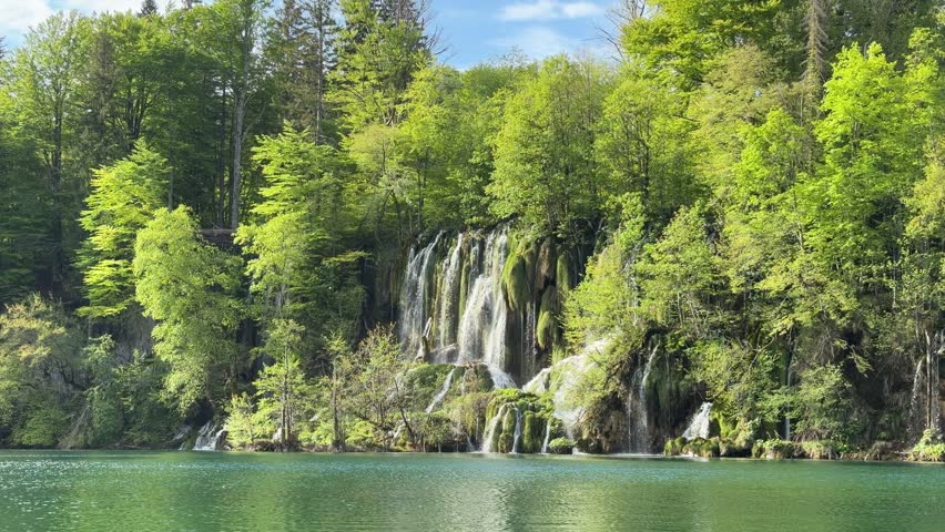 Waterfalls and Wooden Boardwalk in the Upper Lakes (Gornja jezera) of Plitvice Lakes National Park, Croatia