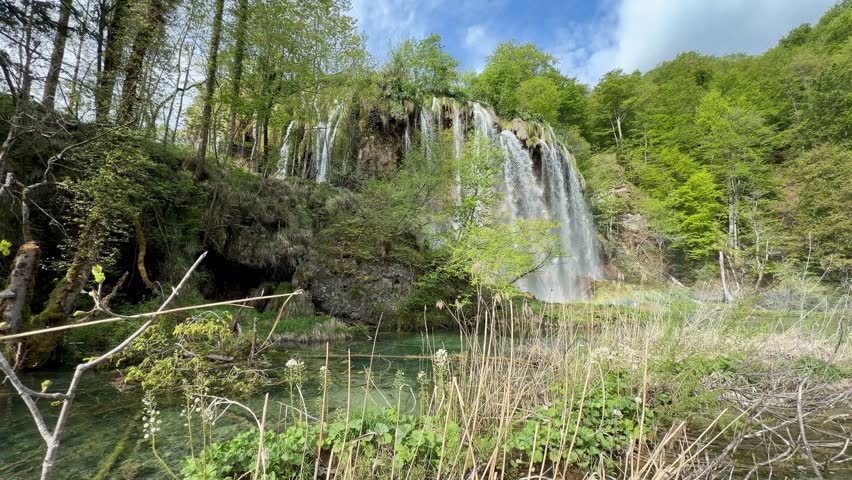 Waterfalls and Wooden Boardwalk in the Upper Lakes (Gornja jezera) of Plitvice Lakes National Park, Croatia