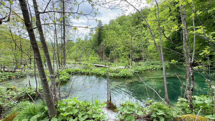 Waterfalls and Wooden Boardwalk in the Upper Lakes (Gornja jezera) of Plitvice Lakes National Park, Croatia