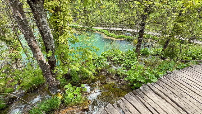 Waterfalls and Wooden Boardwalk in the Upper Lakes (Gornja jezera) of Plitvice Lakes National Park, Croatia
