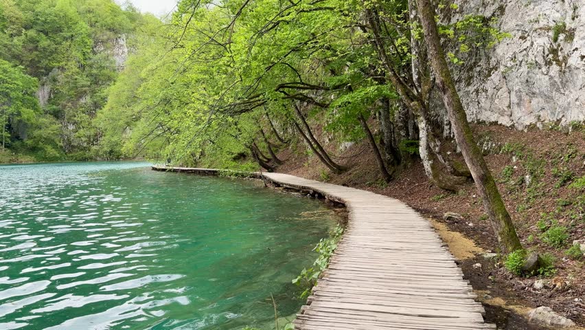 Waterfalls and Wooden Boardwalk in the Lower Lakes (Donja jezera) of Plitvice Lakes National Park, Croatia