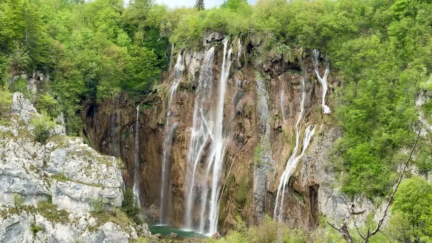Waterfalls and Wooden Boardwalk in the Lower Lakes (Donja jezera) of Plitvice Lakes National Park, Croatia