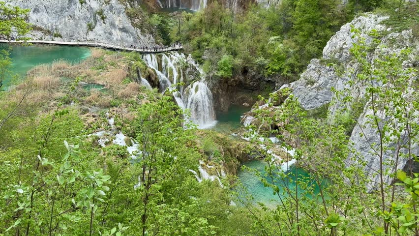 Waterfalls and Wooden Boardwalk in the Lower Lakes (Donja jezera) of Plitvice Lakes National Park, Croatia