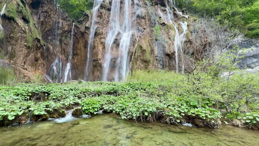 Waterfalls and Wooden Boardwalk in the Lower Lakes (Donja jezera) of Plitvice Lakes National Park, Croatia