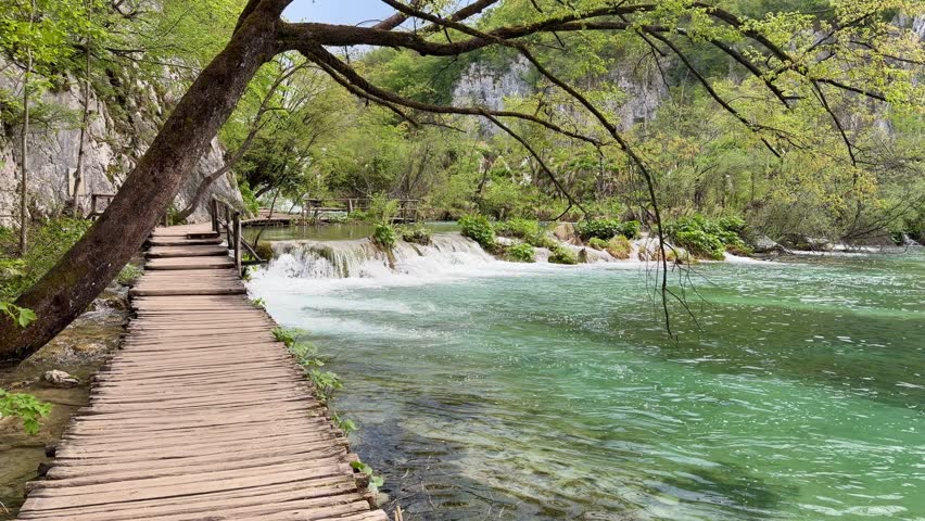 Waterfalls and Wooden Boardwalk in the Lower Lakes (Donja jezera) of Plitvice Lakes National Park, Croatia