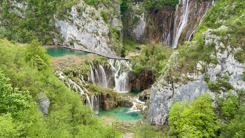 Waterfalls and Wooden Boardwalk in the Lower Lakes (Donja jezera) of Plitvice Lakes National Park, Croatia