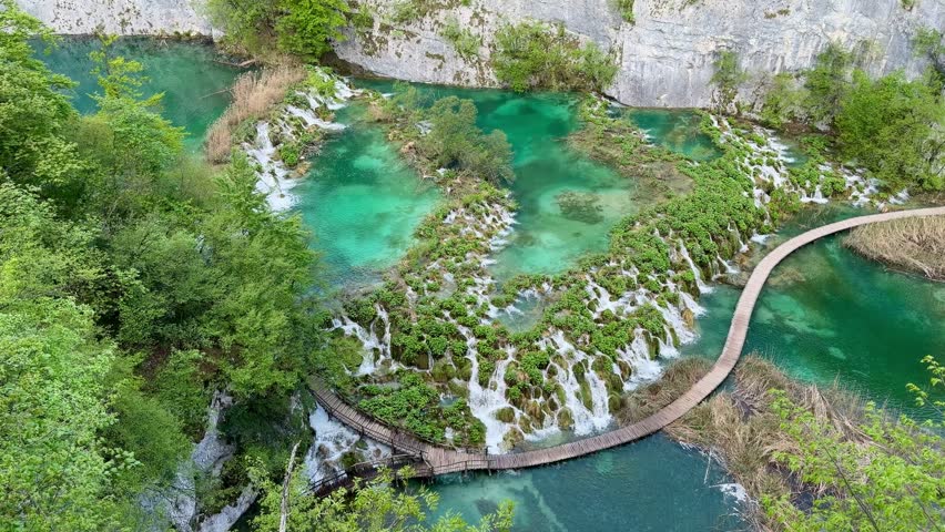 Waterfalls and Wooden Boardwalk in the Lower Lakes (Donja jezera) of Plitvice Lakes National Park, Croatia