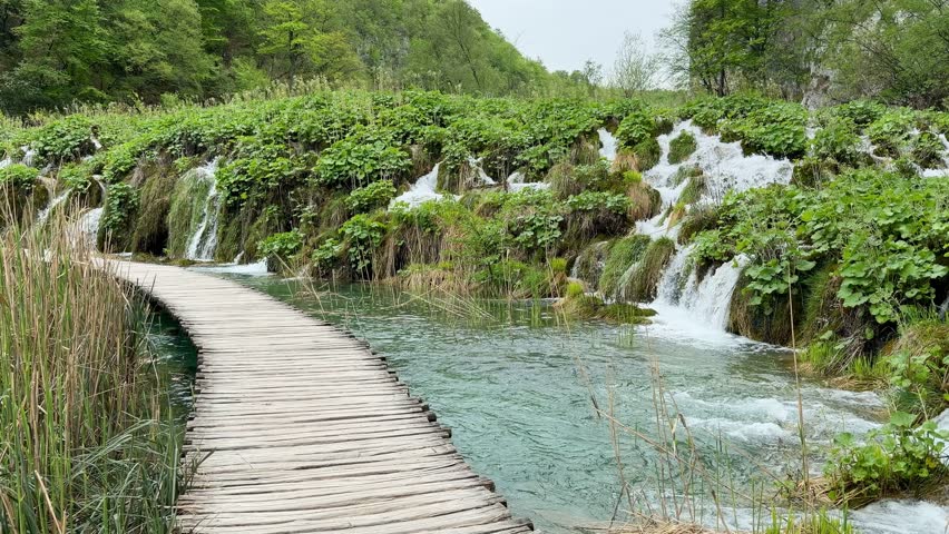 Waterfalls and Wooden Boardwalk in the Lower Lakes (Donja jezera) of Plitvice Lakes National Park, Croatia