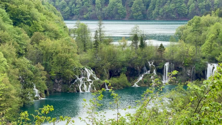 Waterfalls and Wooden Boardwalk in the Lower Lakes (Donja jezera) of Plitvice Lakes National Park, Croatia