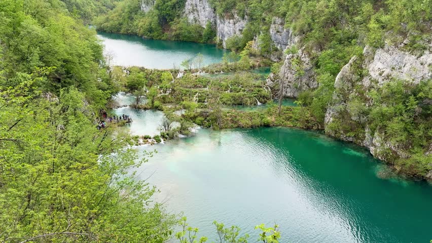 Waterfalls and Wooden Boardwalk in the Lower Lakes (Donja jezera) of Plitvice Lakes National Park, Croatia