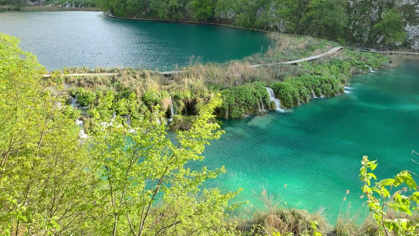Waterfalls and Wooden Boardwalk in the Lower Lakes (Donja jezera) of Plitvice Lakes National Park, Croatia