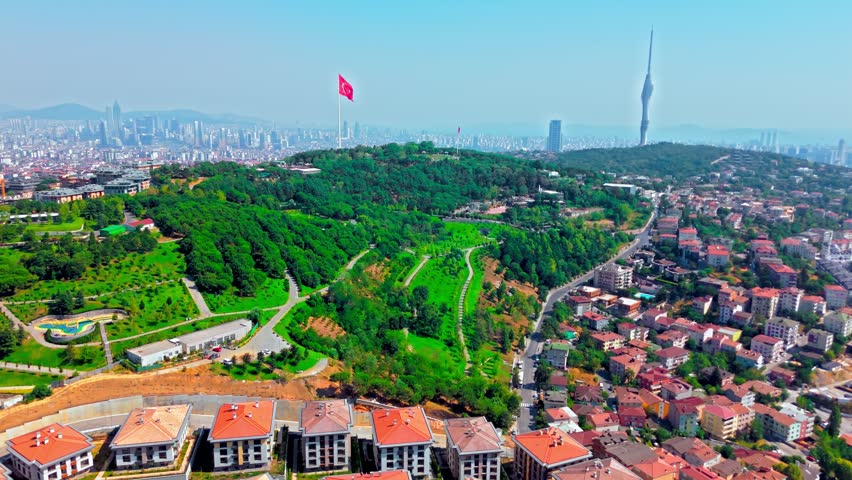 Drone view near Grand Camlica Mosque in Istanbul. Green hills, city buildings and the large mosque complex shape a bright urban landscape.