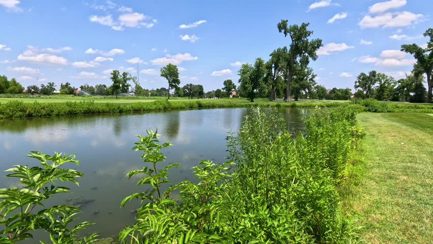 Summer Day at the Park Pond with Cloud Reflections. A beautiful summer landscape featuring a quiet reflection pool and active lawn sprinklers watering the manicured grass under a bright sky in Forest Park, St. Louis.