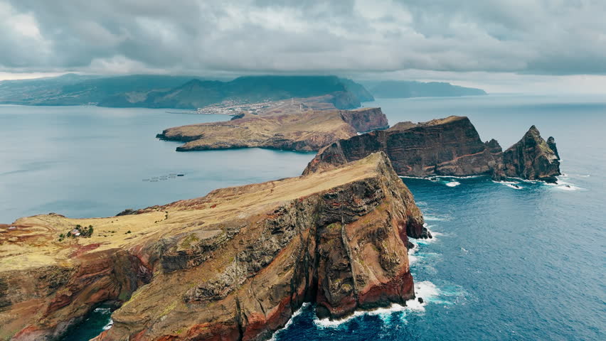 Madeira island hiking landscape, Sao Lourenco coastal cliffs above Atlantic Ocean, aerial view