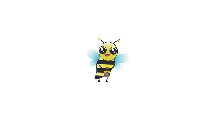 A cheerful animated cartoon honeybee with big eyes flying while holding a small brown honey pot. Set against a clean white background showcasing smooth motion frames.
