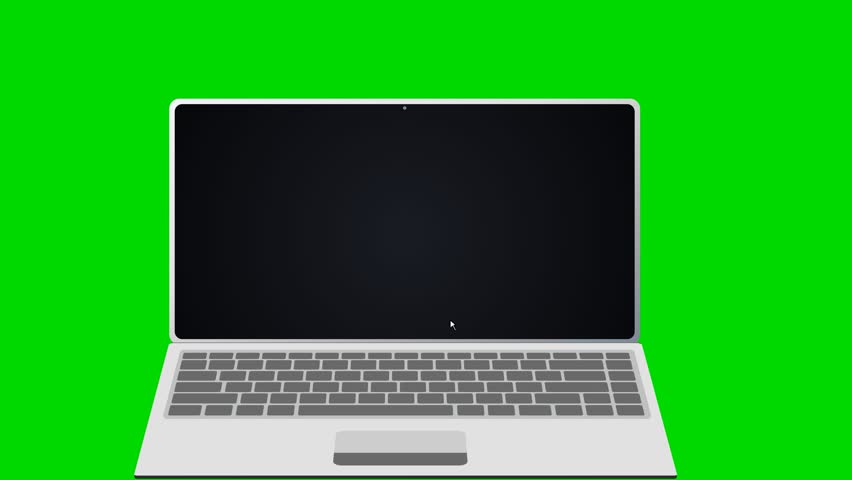 Modern slim laptop computer with a black display shown against a bright chroma key green screen background for easy replacement. 2D minimalist graphic style.