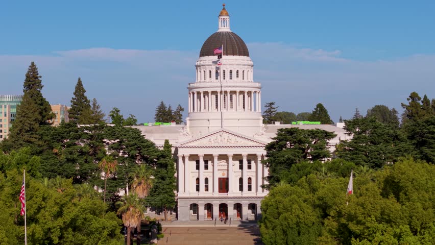 Aerial views show the west side of California State Capitol in Sacramento and the annex being built to the east of the building.