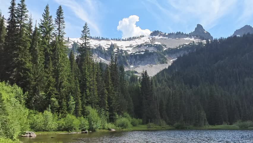 A wide shot of a calm mountain lake surrounded by dense pine forests and snow-dusted peaks under a blue sky with clouds.
