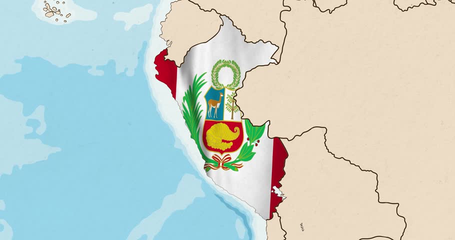 Motion graphic video of the peru flag waving inside the country on a world map