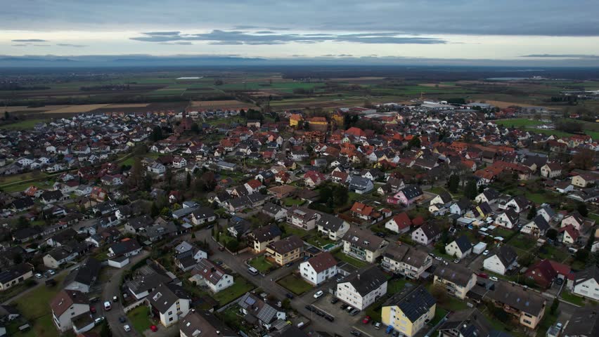 Aerial view of the old town of the city Mahlberg in Germany, on a sunny day in late autumn.