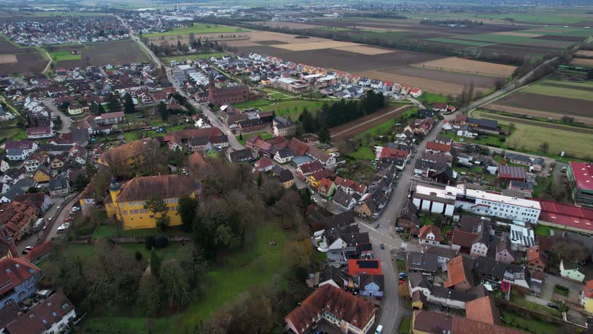 Aerial view of the old town of the city Mahlberg in Germany, on a sunny day in late autumn.