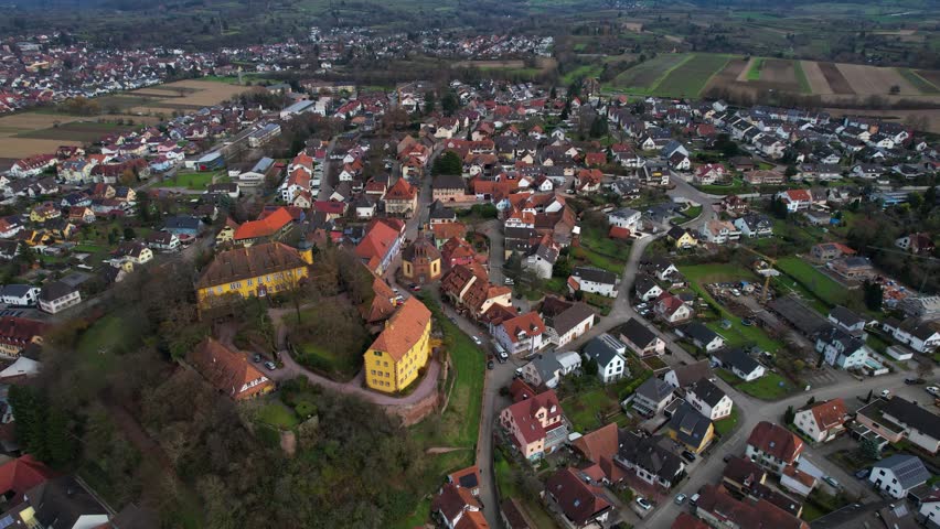 Aerial view of the old town of the city Mahlberg in Germany, on a sunny day in late autumn.