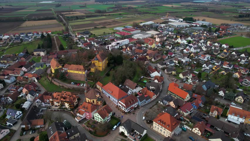Aerial view of the old town of the city Mahlberg in Germany, on a sunny day in late autumn.