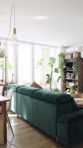 Modern and stylish living room interior with a large green velvet sofa. Comfortable apartment filled with natural light and many plants