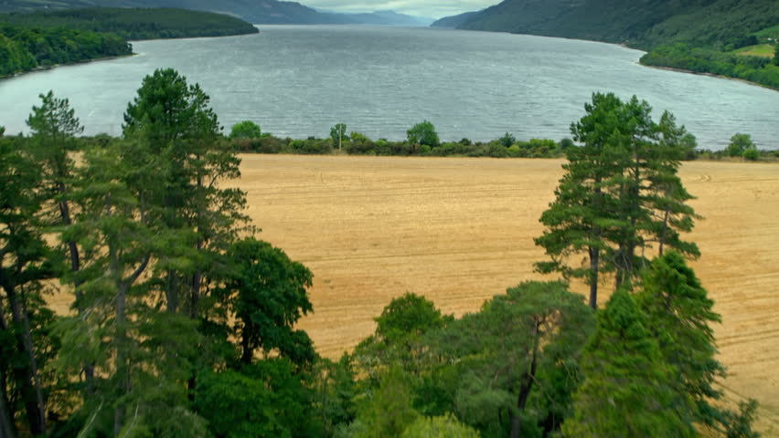 Aerial view of the famous Loch Ness in the Scottish Highlands on a cloudy day