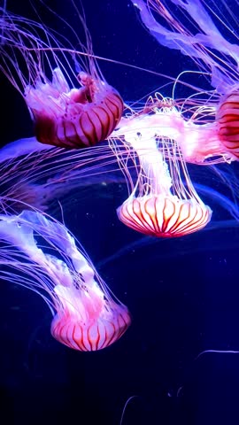Group of vibrant striped jellyfish swimming gracefully in deep blue water