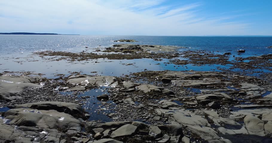 Aerial coastal landscape featuring rocky formations, marine algae, shallow pools, and a sparkling ocean under blue skies.