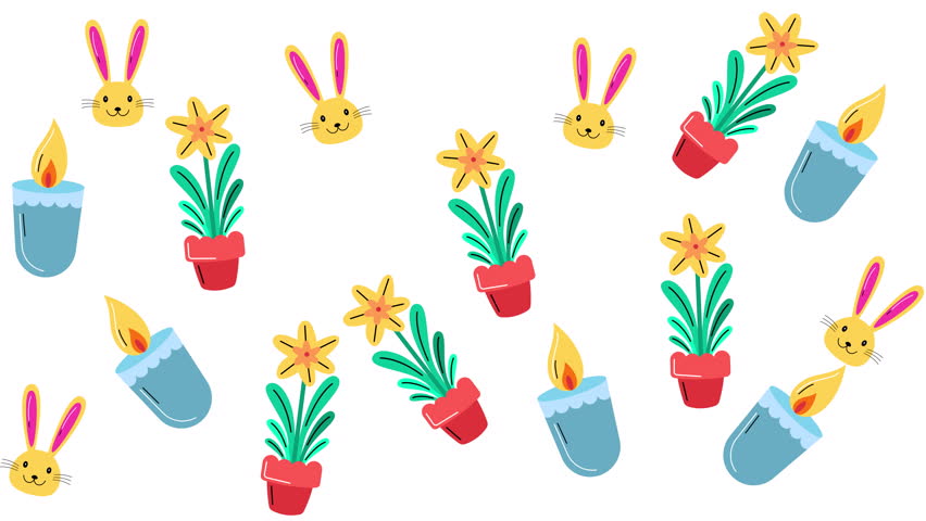 Bright springthemed composition with yellow bunny faces, potted flowers, and blue candles. Perfect for easter or springtime designs and decorations.