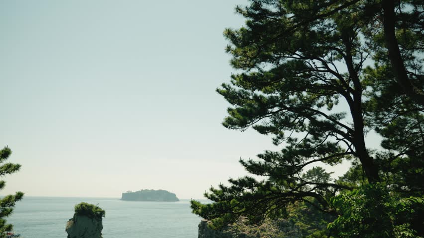 Oedolgae Rock, Jeju, Island South Korea, With Ferry Passing, Pan Shot