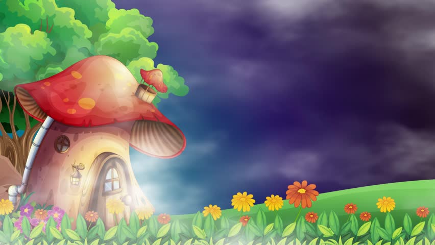 Cartoon mushroom dwelling on grassy hill under dark sky with moving white mist and clouds.