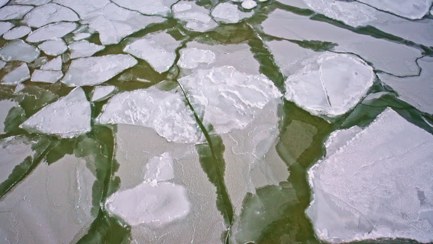 Flying over drifting ice chunks on the frozen waters of Lake Superior in Michigan.