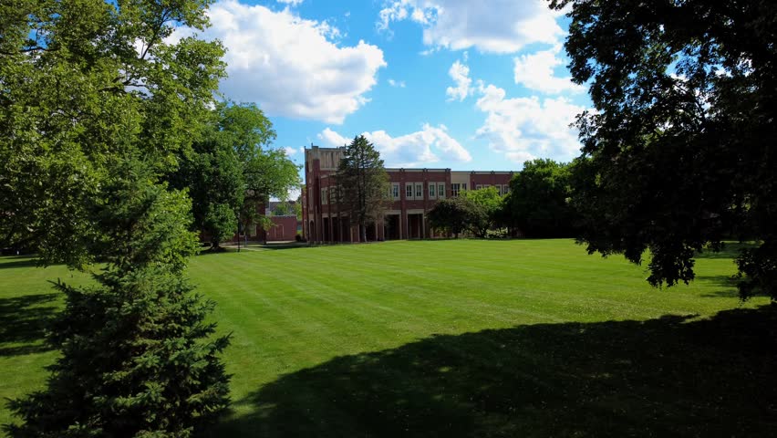 Drone shot of Convergent Media Center at Capital University in Columbus, Ohio